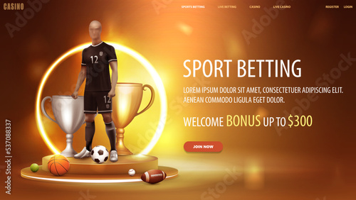 Sports betting, orange banner for website with soccer player on podium with yellow neon ring on background, champion cups and sport balls