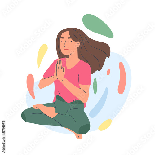 Flat peaceful yoga meditation, relaxing woman breath training cartoon symbols png illustration