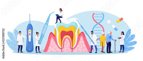 Periodontal disease. Doctor dentist checking tooth, examines patient with periodontitis. Dentistry and healthy teeth. Hygiene oral care. Stomatology. Medical dental checkup. Inflammatory gum disease photo