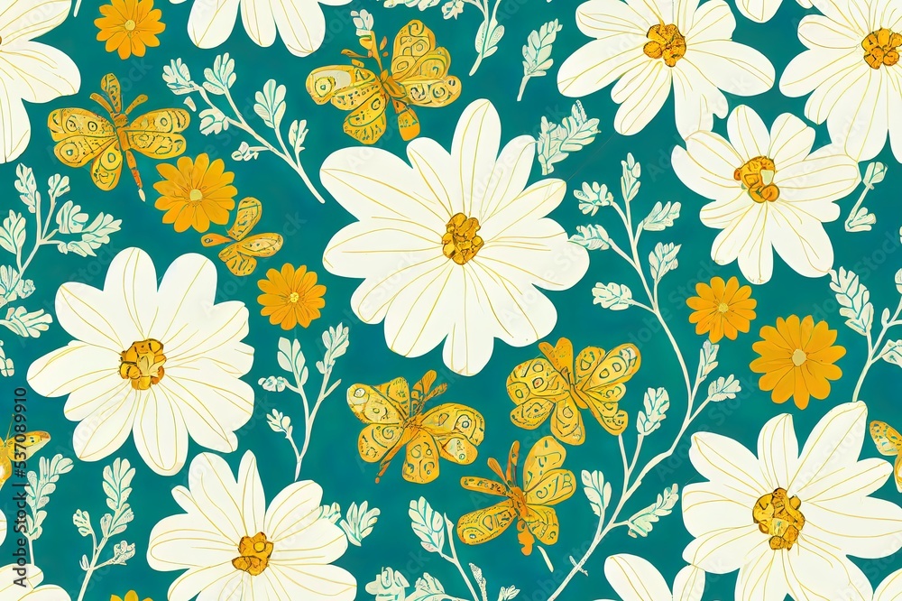 Obraz premium 2d floral seamless pattern with summer herbs and butterflies