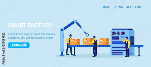 Efficient smart factory with workers, robotic arm, assembly lines. Manufacturing process, industry production. Operator controls conveyor automatic production line with boxes, high tech machinery