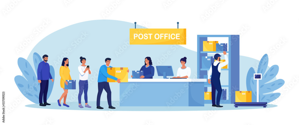 Post delivery office. Postman giving parcel to customer in postal department. People stand in queue on reception desk with postal worker giving mail package. Correspondence delivery service, postage