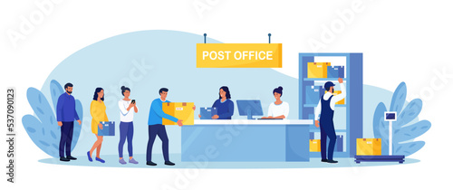 Post delivery office. Postman giving parcel to customer in postal department. People stand in queue on reception desk with postal worker giving mail package. Correspondence delivery service, postage