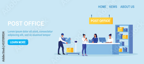 Post delivery office. Postman giving parcel to customer in postal department. Man and woman stand in queue on reception desk with worker giving mail package. Correspondence delivery service, postage
