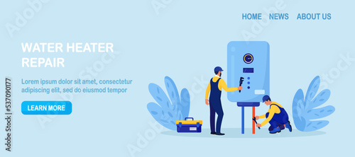 Plumber worker repairs broken water heater. Repairmen in uniform install boiler, appliance. Home maintenance and plumbing services. Handyman fixing plumbing problems. Repair of heating system