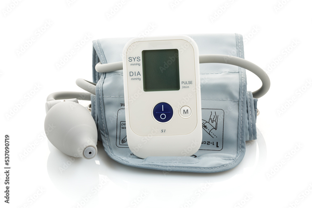 Blood pressure tonometer on a white background. Medical concept. Full depth of field.