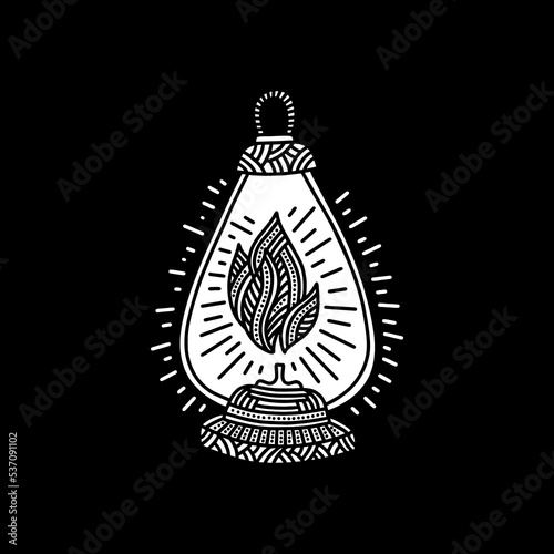 Doodle style illustration. An old, vintage oil lamp, a design element.