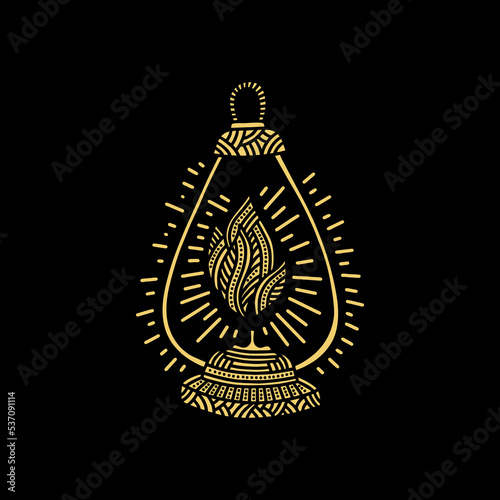 Doodle style illustration. An old, vintage oil lamp, a design element.