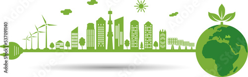 Silhouette of green city. Electrical cable with plug is connecting to planet earth. Environment conservation. Think green. Vector illustration.