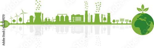 Environmentally friendly factory with mirror reflection. Electrical cable with plug, planet earth. Environment conservation. Sustainable development. Vector illustration.