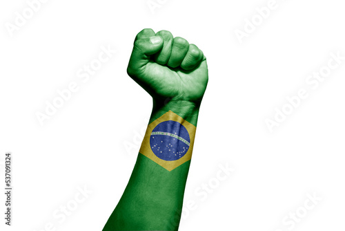 Man's hand in a fight signal with the countries flag. photo