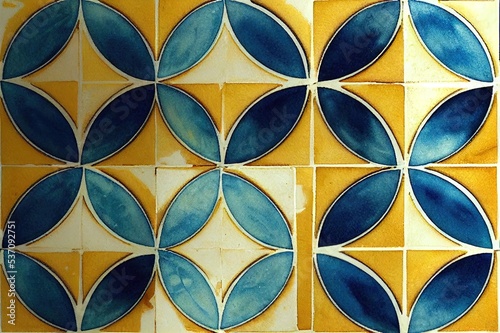 Blue and yellow Azulejos tiles. Patchwork print for wallpaper design. Traditional Portuguese Mosaic  Spanish Majolica tile desoration. Watercolor artwork  antique tileable ceramics  heritage. Floral