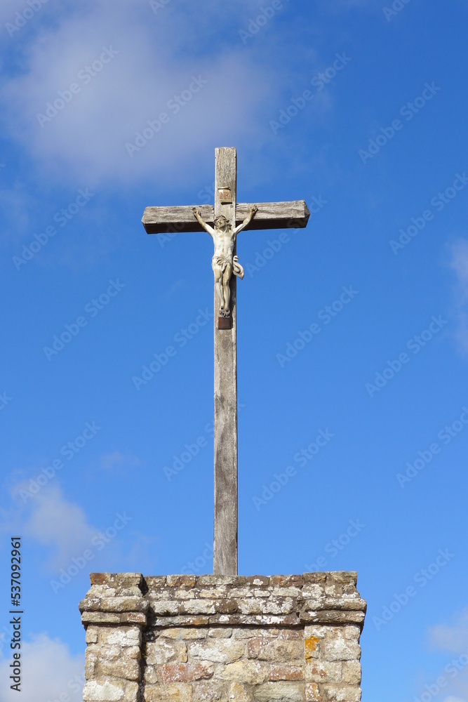 Jesus Christ on the cross. Calvary detail. Calvary Saint-Félix, Loire-Atlantique, France