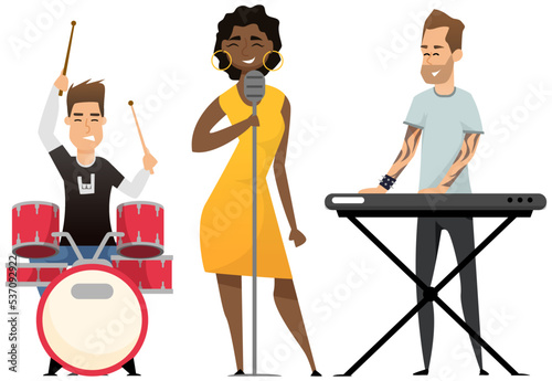 Musicians modern rock group perform on stage. Drummer, keyboardist and happy young girl singer. Acoustic concert, men with instrument at performance with happy fans joyful spectators