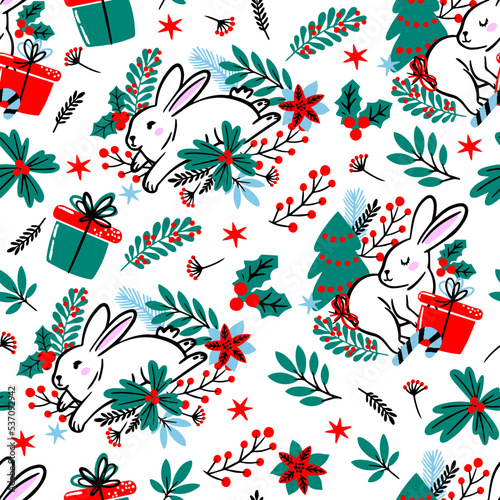 Happy new year 2023 year of rabbit. Merry Christmas pattern. Design, wallpaper, textiles, packaging, seamless print