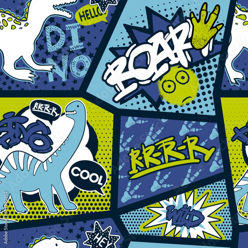 Fashion abstract seamless pattern with dinosaur. Patch, stickers, dots and words. Cool background on comics style for little boy 