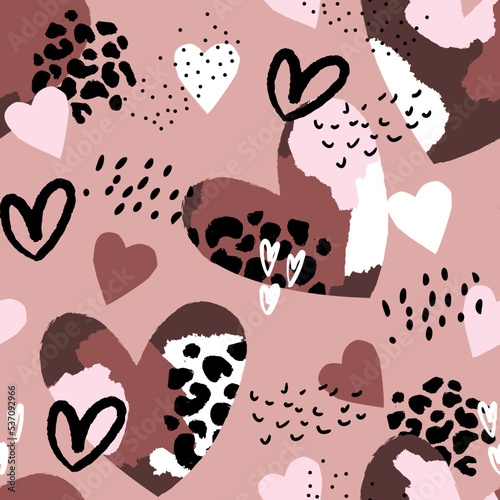 Abstract seamless chaotic leopard print with hearts elements. Grunge texture background. Wallpaper for girls. Fashion style pattern