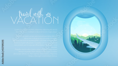 View from airplane. Flight window. Vacation destinations. Adventure. Travel concept of discovering, exploring. Design template with aircraft porthole and mountains landscape in it. Vector illustration