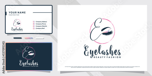 Eyelash logo design for beauty makeup with initial letter e and business card template