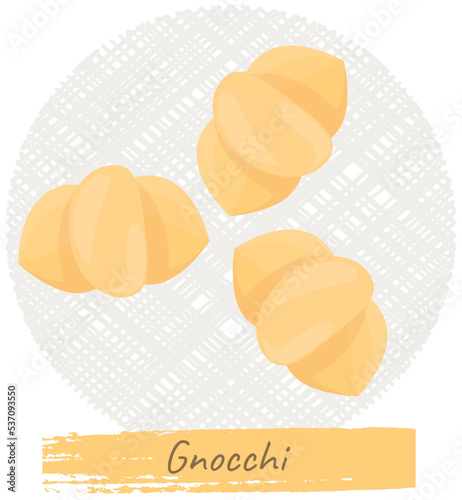 Italian national cuisine cafe banner. Design for store ad, restaurant menu, dinner logo. Italian pasta inscription and gnocchi macaroni, noodles on vintage retro napkin. Pasta, traditional dish