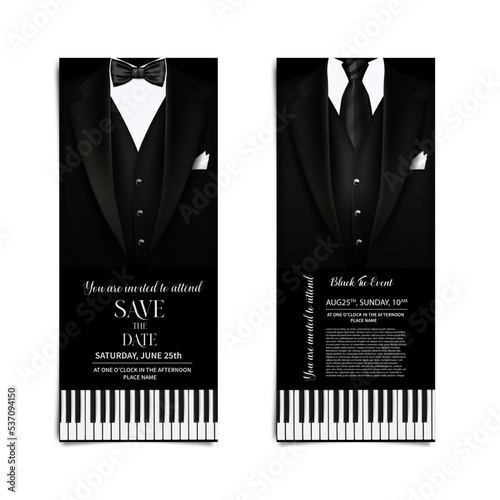 Invitation, flyer for a concert with an inscription in black and white. Illustration with vintage male suit with tie and piano keys.