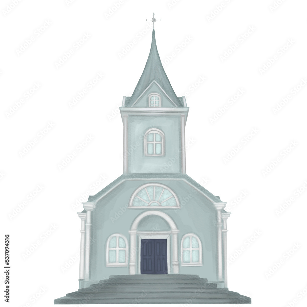 Church building.Hand drawn sophisticated architecture of watercolor white church isolated on transparent background. Design for wedding map creator. Religion concept.