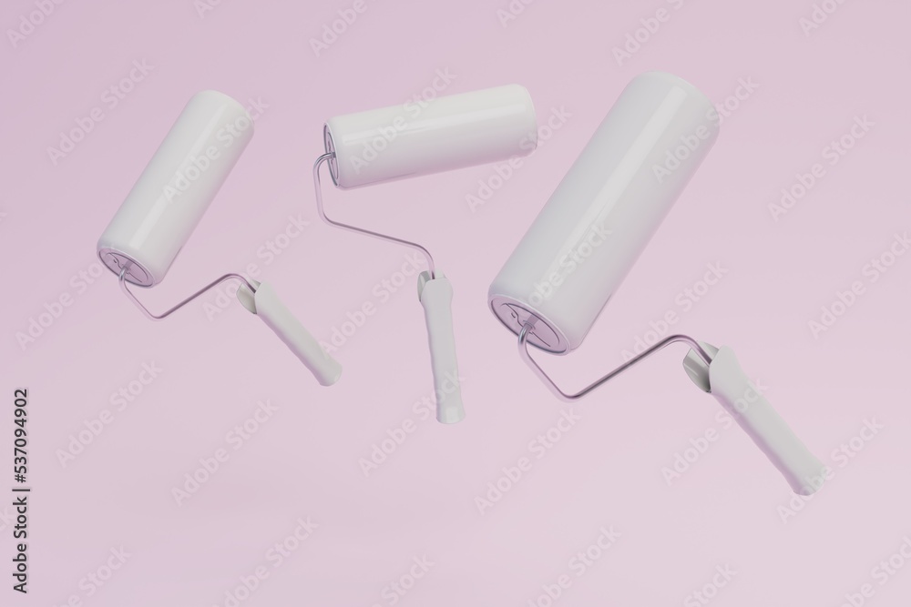 rollers for painting walls with white paint on a pastel background. 3D render rollers for painting walls with white paint on a pastel background. 3D render