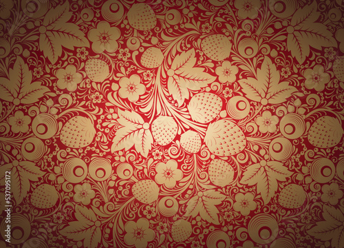 Decorative background in red and gold with floral motifs, flowers, leaves and berries in the style of Russian Khokhloma painting. Vector illustration