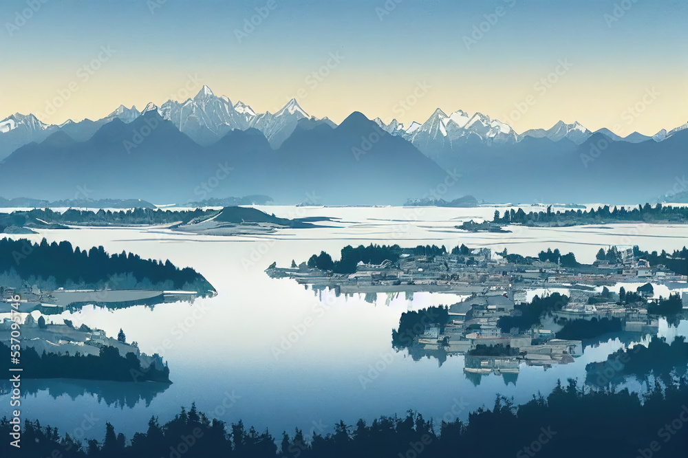 A view of Dal Lake in winter, and the beautiful mountain range in the background in the city of Srinagar, Kashmir, India.