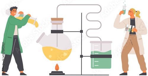 Scientist makes laboratory analysis with equipment. Chemist conducting scientific experiment, chemical research with liquid in flask, assistant studies biological sample, education, chemistry, science