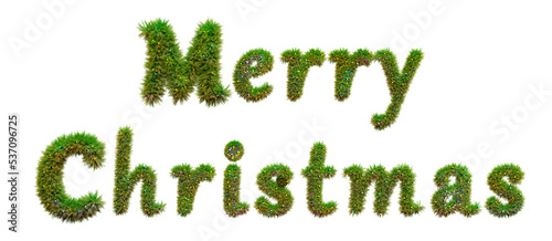 Merry Christmas lettering from the branches of Christmas tree, transparent background. 3D Render. Text "Merry Christmas",  covered with fir branches and garland light.