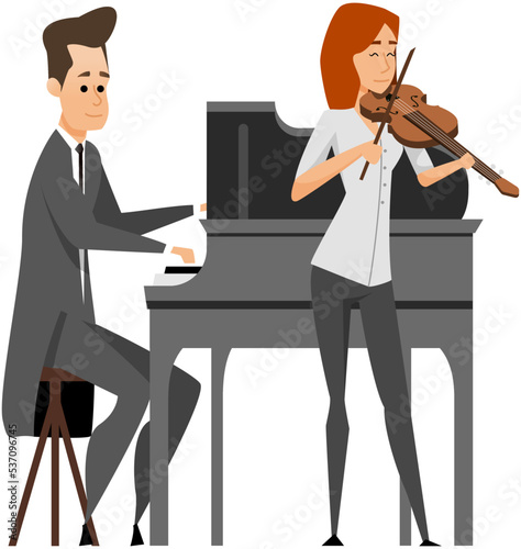 Musician playing violin and musician pianist at piano on stage. Concert hall perfomance flat color vector. Evening show of beutiful songs. Elegant classical music show artists. Premiere, concerto