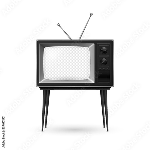 Vector 3d Realistic Retro TV Receiver with Transparent Screen and Antenna Isolated on White Background. Home Interior Design Concept. Vintage TV Set, Television, Front View