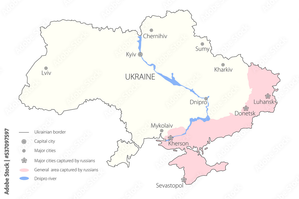 War in Ukraine. Map of current situation of russian military invasion on ukrainian territory. Vector color map.