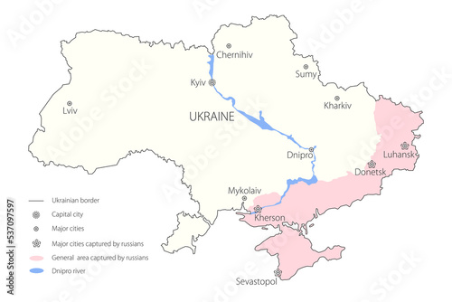 War in Ukraine. Map of current situation of russian military invasion on ukrainian territory. Vector color map.