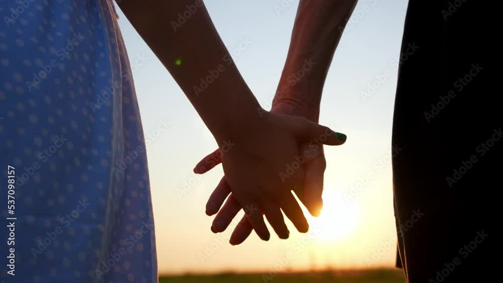 Close up of brother and sister holding hands against sunset in field. Caring and support in loving family. Happy childhood. Walk together in outdoor summer nature in evening. Rear view two children.
