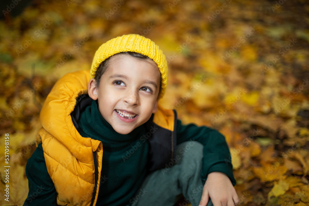 portrait of a fashionable child boy autumn sitting on a trail in orange leaves in the afternoon at a green fence on the street. portrait of a fashionable child boy autumn sitting on a trail in orange leaves in the afternoon at a green fence on the street.