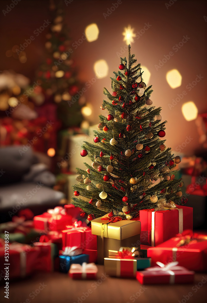Christmas tree with a pile of presents, christmas background wallpaper