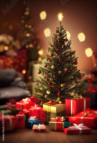 Christmas tree with a pile of presents, christmas background wallpaper © Gbor