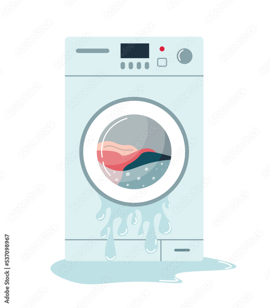Broken washing machine with water on floor. Water flowing on floor. Washing machine leak