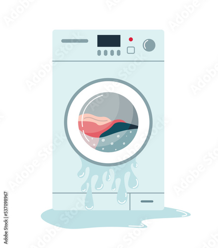 Broken washing machine with water on floor. Water flowing on floor. Washing machine leak. Household appliances in need of repair. Flat vector illustration on white isolated background.
