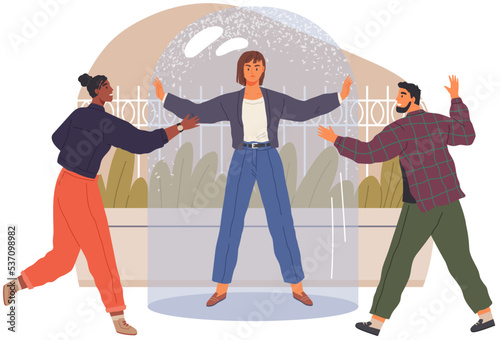 Protection of personal space from strangers. Female restrictions, young woman stands under glass jar. Character is in confined space, loneliness, solitude. Concept of freedom, mental rehabilitation