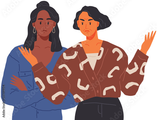 Angry women quarreling, dissatisfied characters. Problematic conversation. Violation of personal space. Girls shouting at each other. Mom fighting with teenage daughter, communication problem