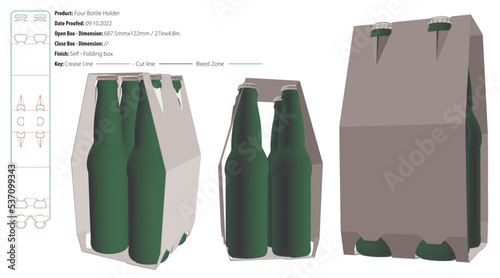 Four bottle holder top handles packaging design template selflock die cut - vector