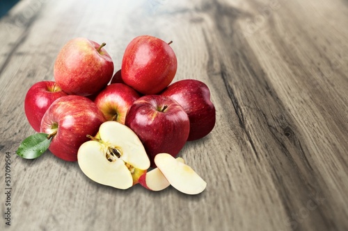 Fresh ripe juicy apple fruits on the desk