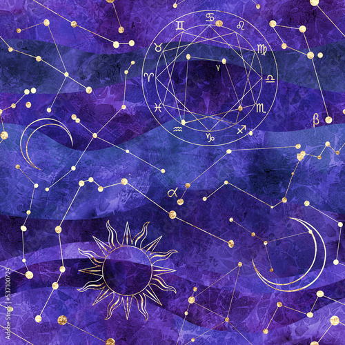 Seamless cosmic pattern with constellations. Ancient symbols of the sun, moon, zodiac signs, zodiac circle. Watercolor illustration with graphic purple waves. Ripples, waves, sea. Golden stars