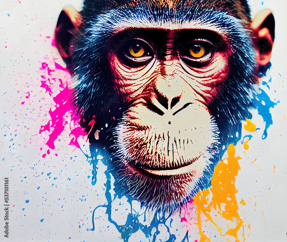 Illustration of colorful monkey in paint splashes. Majestic portrait. Big  head of animal, dripping oil and water painting of a exotic mammal.  Watercolor drawing. 3D illustration. Stock Illustration | Adobe Stock