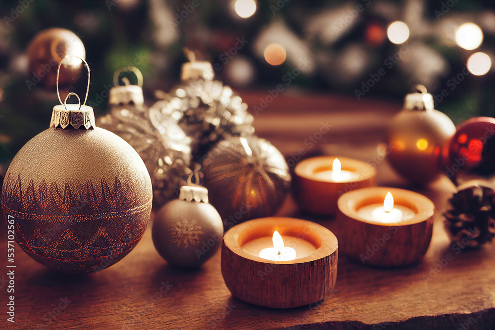 Fototapeta premium Background with christmas decoration ornaments and candles on table