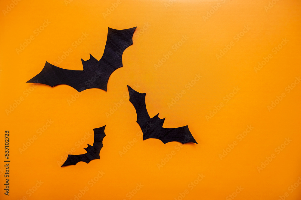 A collage layout for the Halloween holiday. Applications, carving figures in the shape of black bats. View from above