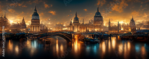 Panoramic cityscape view of London and the River Thames, England, United Kingdom.  Concept digital illustration
